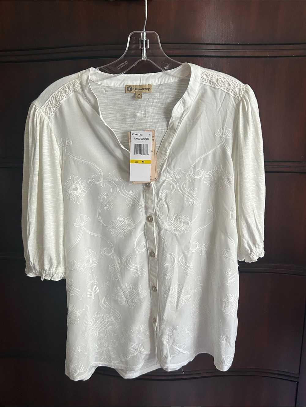 Democracy White Embroidered Button-Down Blouse